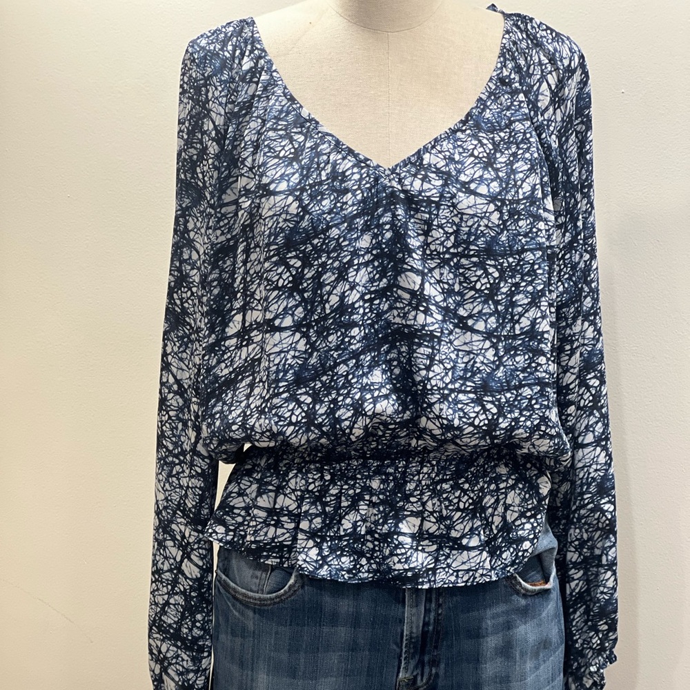 Michael Kors Navy White Abstract-Print V-Neck Blouse